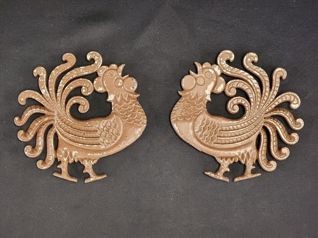 (2) VINTAGE CAST IRON ROOSTER TRIVETS