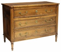 FRENCH LOUIS XVI STYLE WALNUT THREE-DRAWER COMMODE