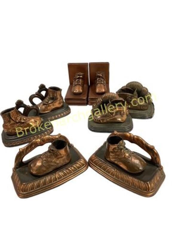 Four Pair Bronzed Baby Shoe Bookens