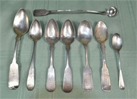 8pcs coin/early silver flatware, various monograms