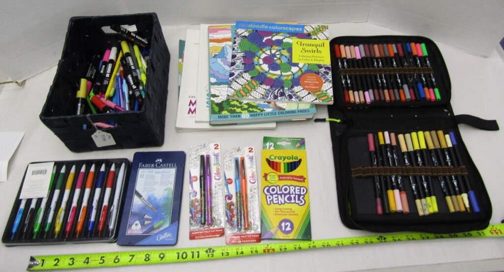 Lot of Adult Coloring Books w/ Pens & Pencils