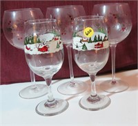 five Christmas wine glasses