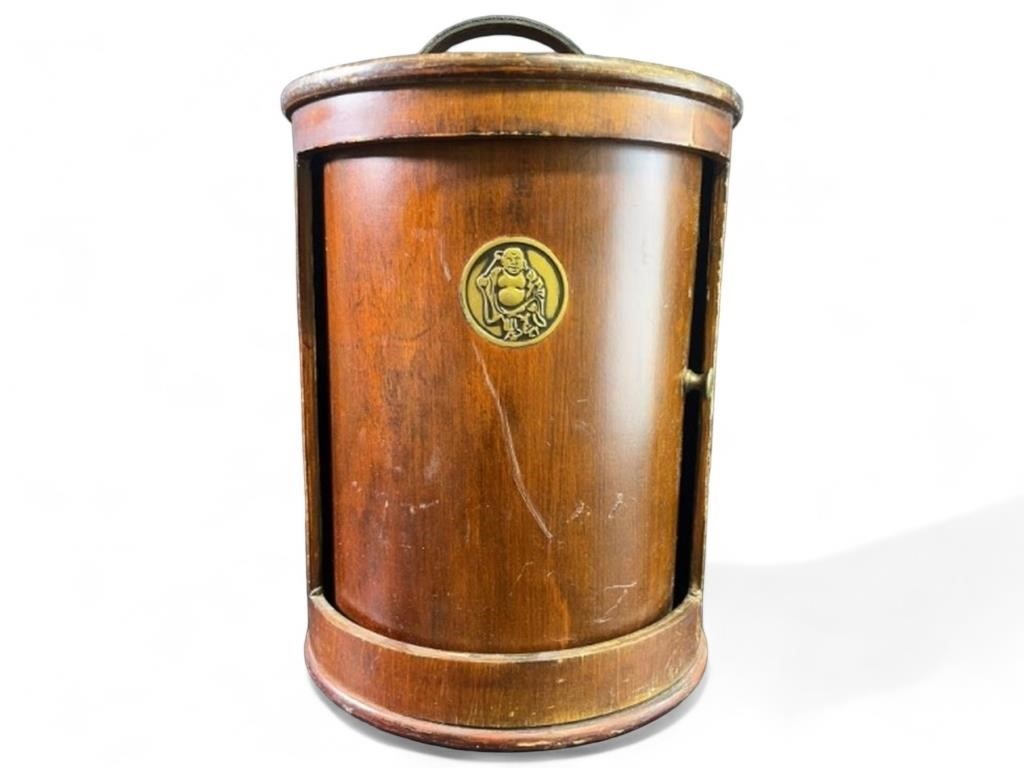 Vtg Pyrat Rum Wooden Barrel Lantern Box w/Buddha