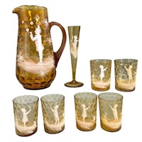 Mary Gregory Style Amber Pitcher, Glasses, Vase