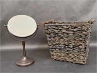Woven Black Basket Bin, Metal Beauty Mirror