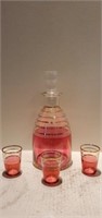 Vintage Cranberry Glass Decanter & 3 Glasses