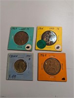 3 British Pennies & French 20 Francs