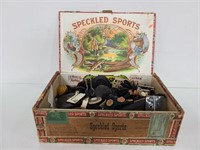 Cigar box of vintage buttons