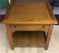 Square wooden end table with drawer measuring 28”