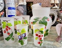 HAND PAINTED FROSTED GLASS PITCHER AND TUMBLERS -