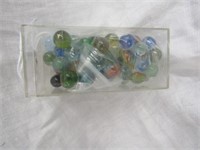 CONTAINER OF VINTAGE MARBLES 5"T