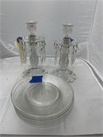 2 Glass Candelabras 10" & Glass Plates