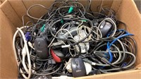 BOX OF COMPUTER CABLES AND MOUSES