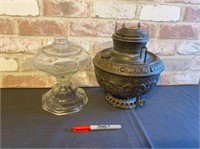 BOX LOT: 2 OLD OIL LAMP BASES- ONE GLASS