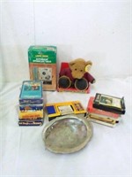 Vintage items: abalone shell, 8 tracks, VHS,