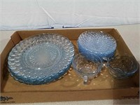 Blue depression bubble glass plates, saucers and