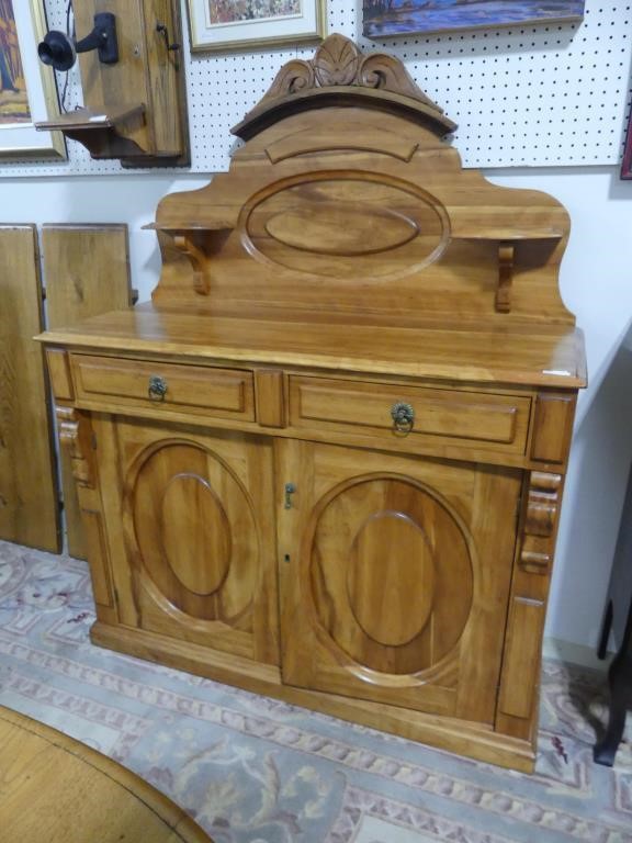 REFINISHED ANTIQUE WOODEN SIDEBOARD W/BACKSPLASH