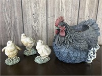 Resin rooster planter, and three chicks