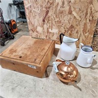 Enamel & Metal Pots, Wooden Box