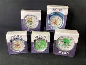 5 Hero Animated Alarm Clocks in Original Boxes