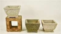 3 Classical Style Molded Concrete Planters & Base