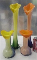 4 Blown Glass Ruffle Top Vases