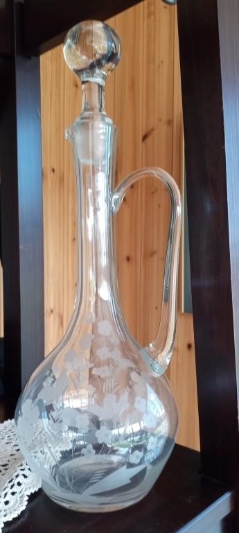 Etched Crystal Wine Decanter w/ Handle & Stopper