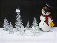 5 Glass Trees / 2 Glass Candle Holders / Snowman