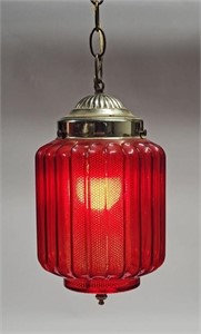 MCM RED FLUTED GLASS SHADE HANGING LIGHT FIXTURE