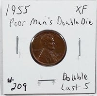 1955  Poorman's Double Die Lincoln Cent  XF