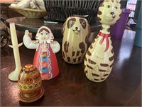 Wooden Nesting Dog and Cat, plastic doll, and