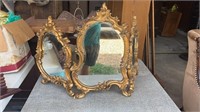 Three Section Gold Table Top Mirror