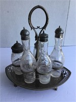 Antique Castor Set Of 5 w/ Glass Bottles