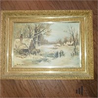 "Barnyard in the Snow" Framed Oil on Canvas