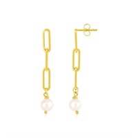 14k Gold Pearl Dangle Paperclip Link Earrings