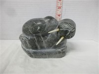 INUIT STONE & IVORY CARVING "TWO WALRUS"
