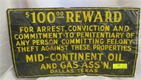 $100 Reward Metal Mid Continent Oil-Gas Sign*