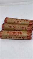 (3) rolls of Wheat pennies PDS 1939-1949