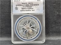 MS70 Austrailia Web Spider 1 Dollar Silver Coin