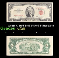 1953B $2 Red Seal United States Note Grades vf+