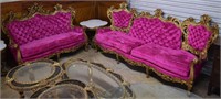 Fuchsia pink tufted gold frame sofa & love seat