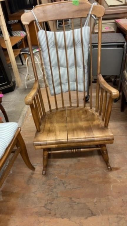 VINTAGE WOODEN ROCKING CHAIR WITH PIN STRIPE