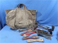 Vintage Tool Bag (well worn), Basket w/Planers &