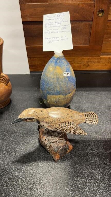 BARNEY ADAMS POTTERY SIGNED AND WOOD FINCH