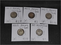 Lot of 5 Mercury Dimes: 1937 D, 1941 S, 1943,