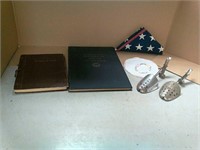 2 vintage books, flag, doily and shoe stretchers