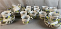 26 Blue, Green & White Fruit Motif Cups & Saucers