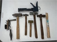 Assorted hammers, one brass
