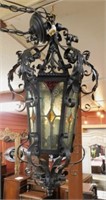 French Wrought Iron Stained Glass Lantern.