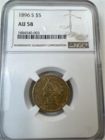 1896 S $5 Liberty Head Gold Coin AU58